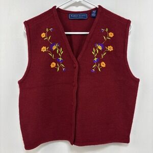Boho‎ 100% Wool Women's Vest Red Embroidered Flowers Size M Karen Scott